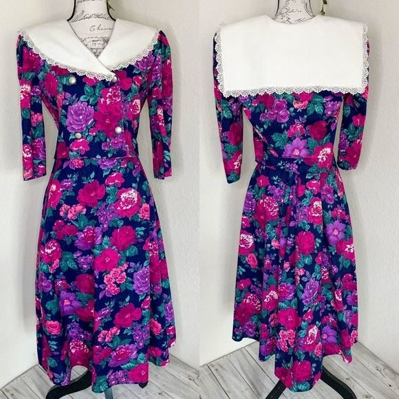Vintage Dresses & Skirts - VINTAGE 1980s PRINCESS DIANA BIB PILGRIM COLLAR FLORAL COORDINATE DRESS SKIRT